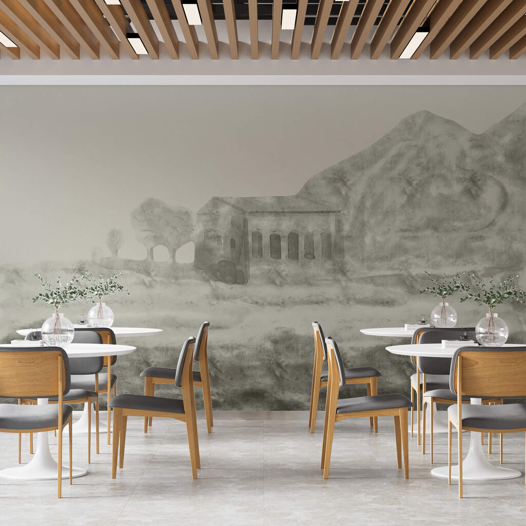 Zeichnung eines Gebäudes und eines Berges