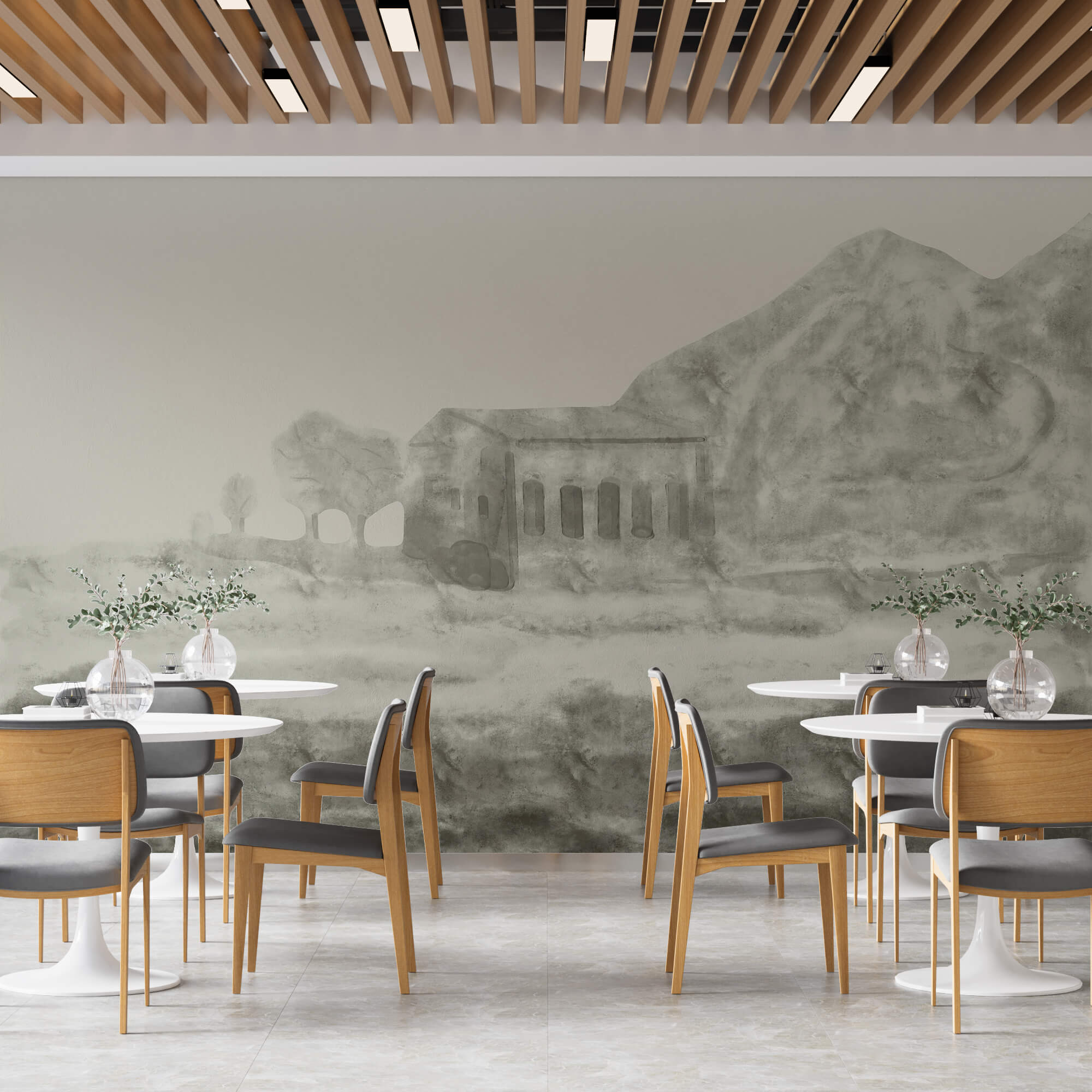 Zeichnung eines Gebäudes und eines Berges