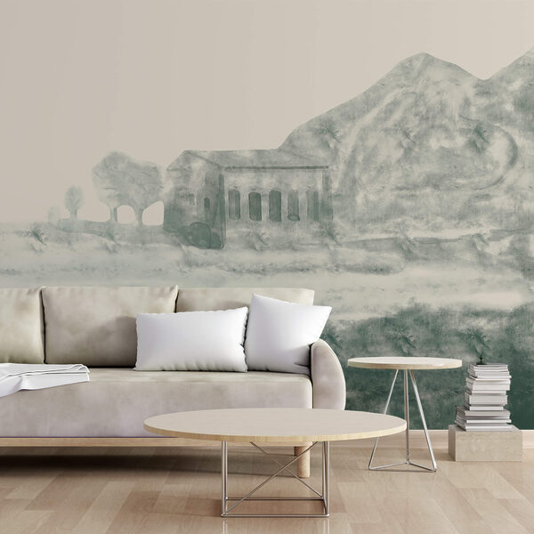 Gemälde eines Gebäudes und eines Berges