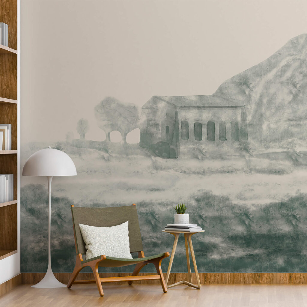 Gemälde eines Gebäudes und eines Berges