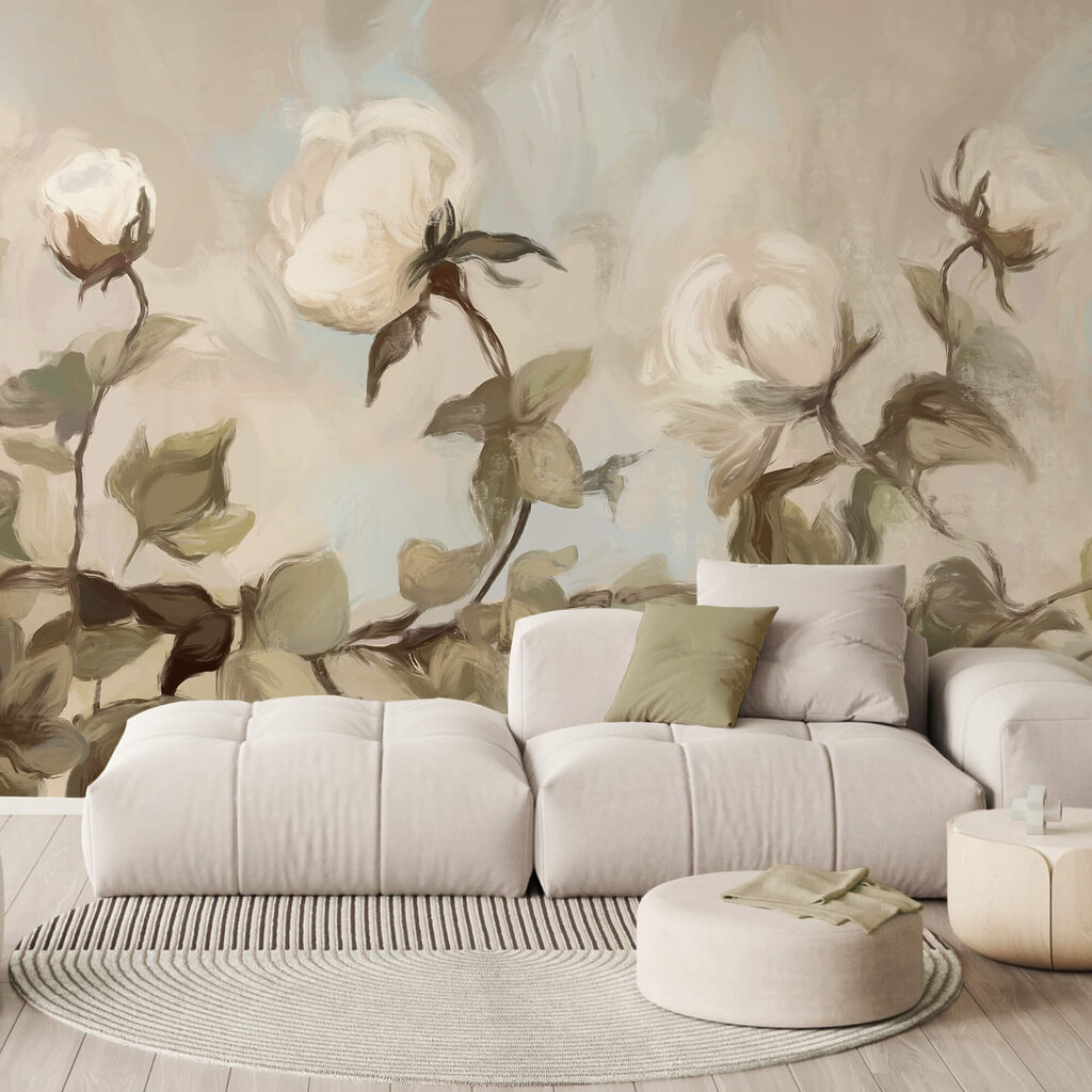 Gemälde mit weißen Blumen und Blättern Gemälde mit weißen Blumen und Blättern