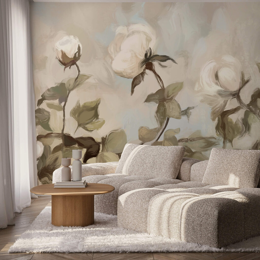 Gemälde mit weißen Blumen und Blättern Gemälde mit weißen Blumen und Blättern