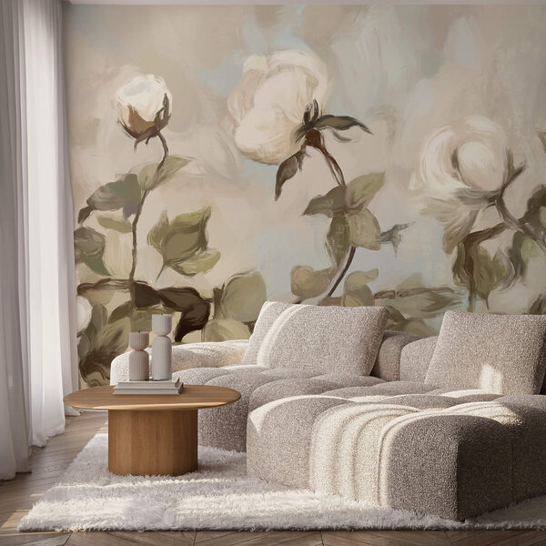 Gemälde mit weißen Blumen und Blättern Gemälde mit weißen Blumen und Blättern