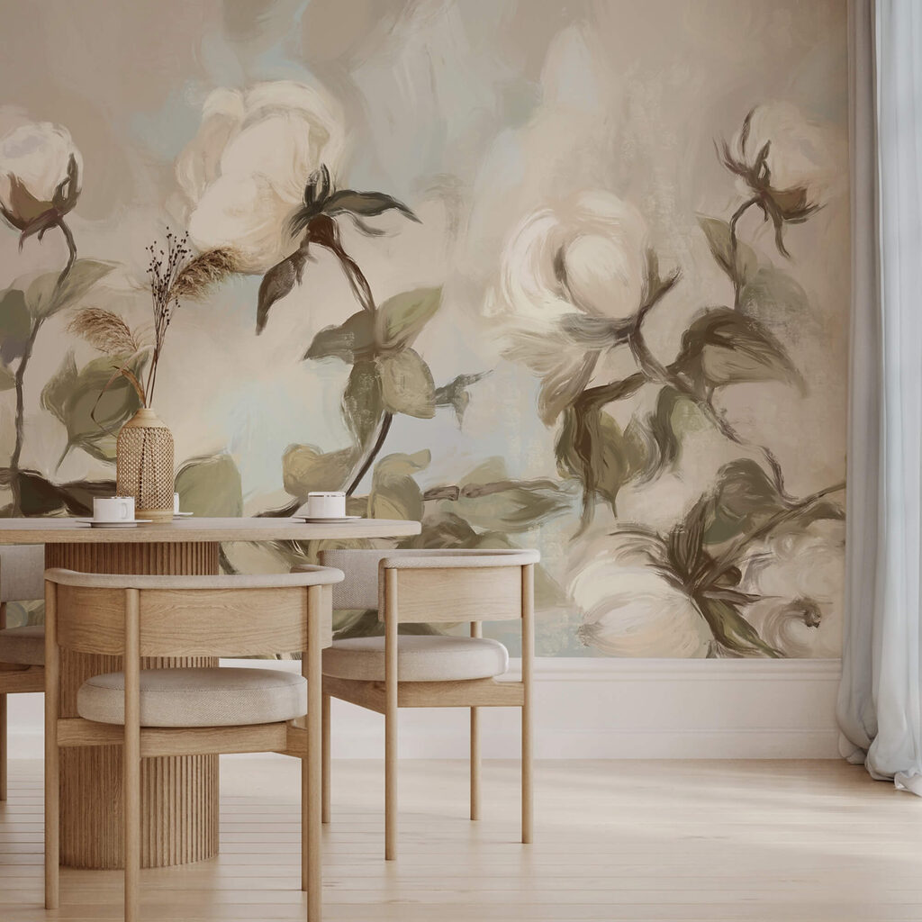 Gemälde mit weißen Blumen und Blättern Gemälde mit weißen Blumen und Blättern