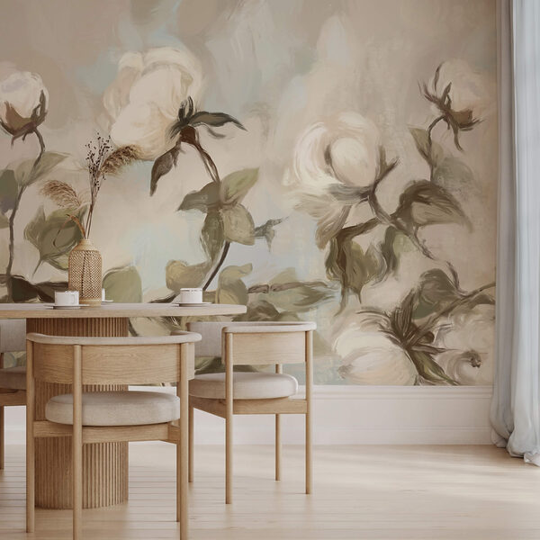 Gemälde mit weißen Blumen und Blättern Gemälde mit weißen Blumen und Blättern