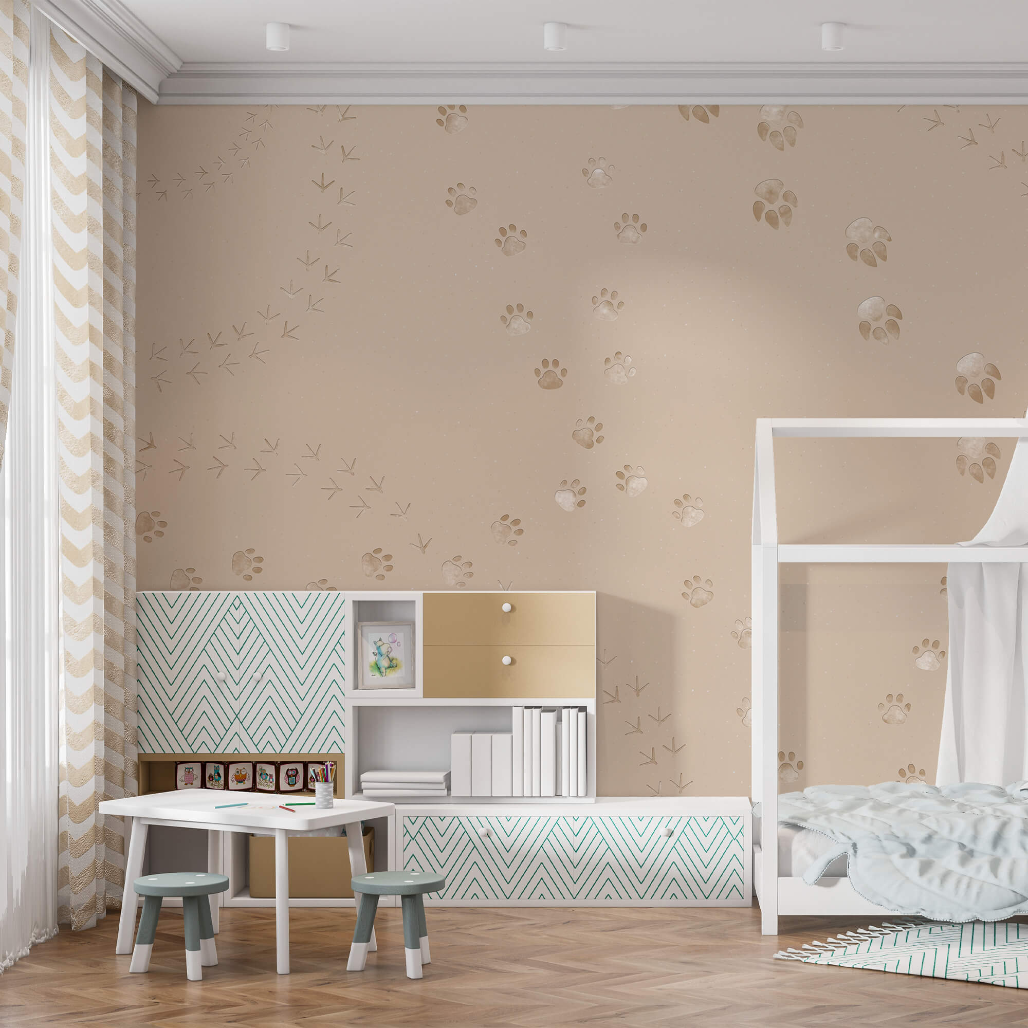 Muster aus Pfotenabdrücken und Vögeln Muster aus Pfotenabdrücken und Vögeln