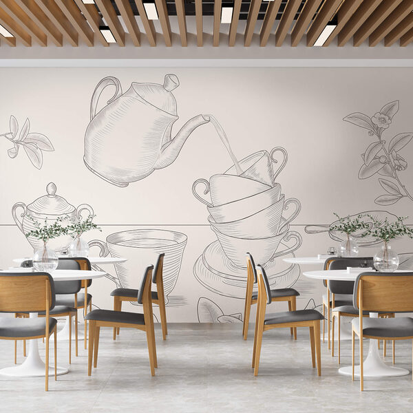 Teekanne, die in einen Stapel Teetassen gießt