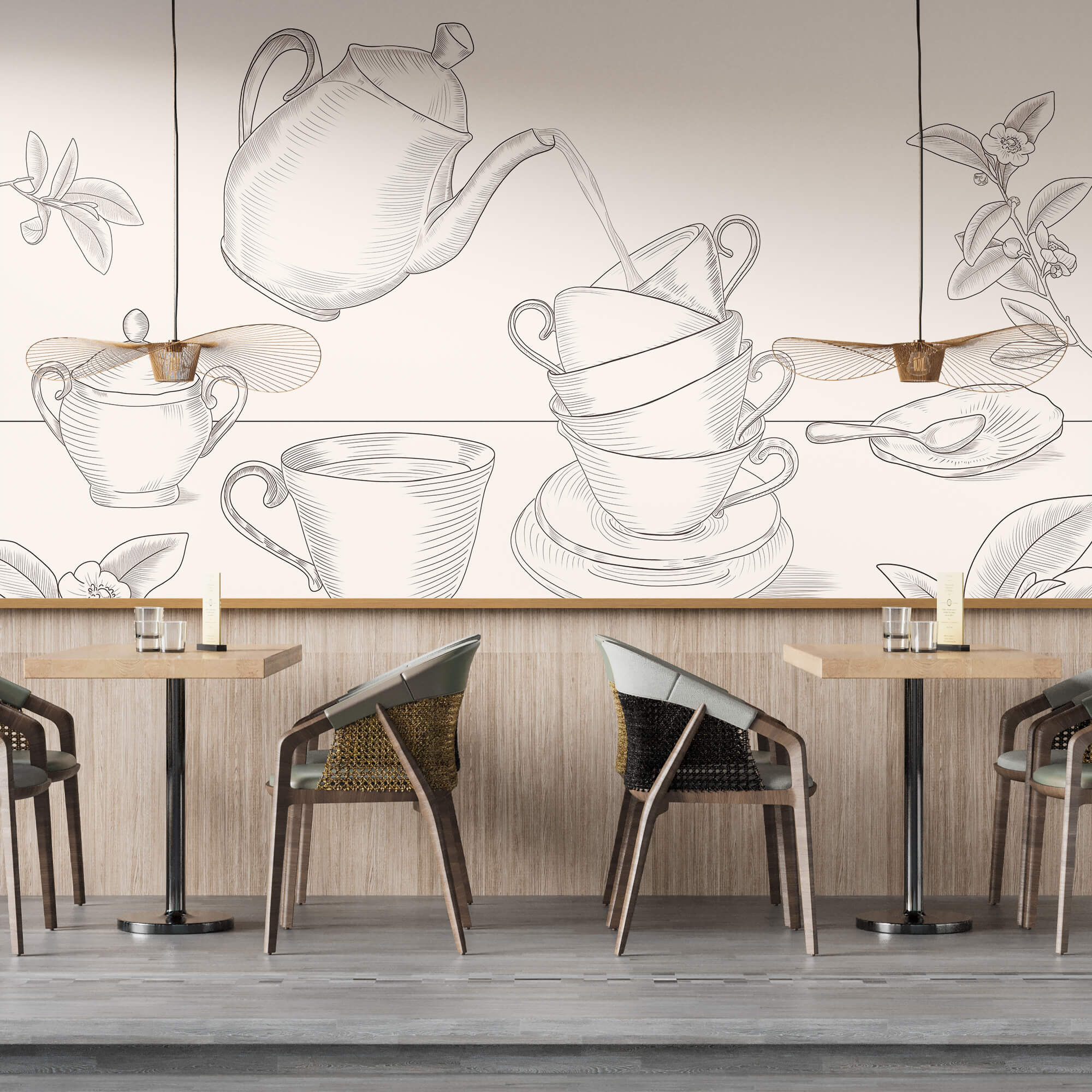 Teekanne, die in einen Stapel Teetassen gießt