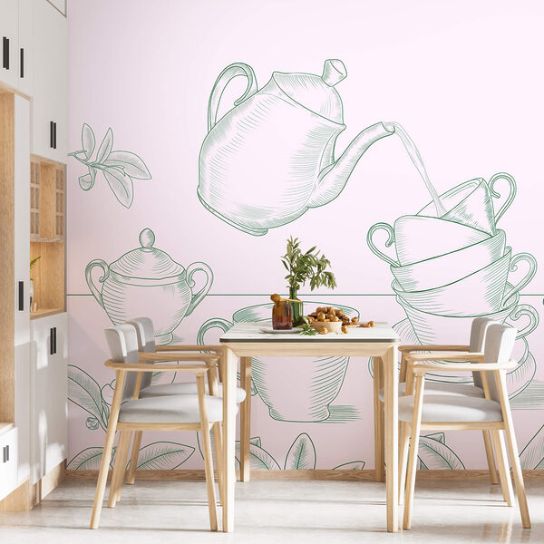 Teekanne, die Tee in einen Stapel Teetassen gießt Teekanne, die Tee in einen Stapel Teetassen gießt