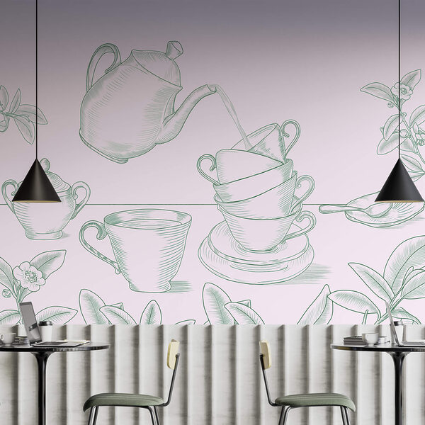 Teekanne, die Tee in einen Stapel Teetassen gießt Teekanne, die Tee in einen Stapel Teetassen gießt