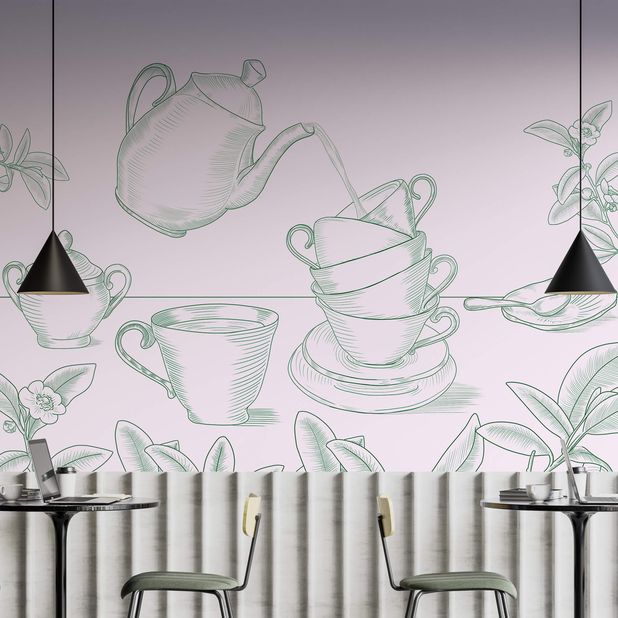 Teekanne, die Tee in einen Stapel Teetassen gießt Teekanne, die Tee in einen Stapel Teetassen gießt