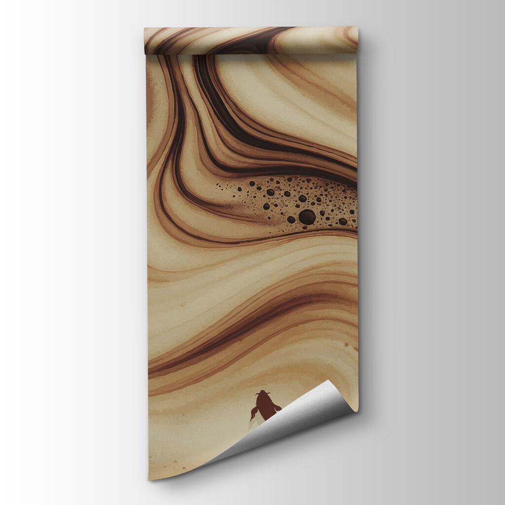 Brown and white swirly waves with fish silhouettes