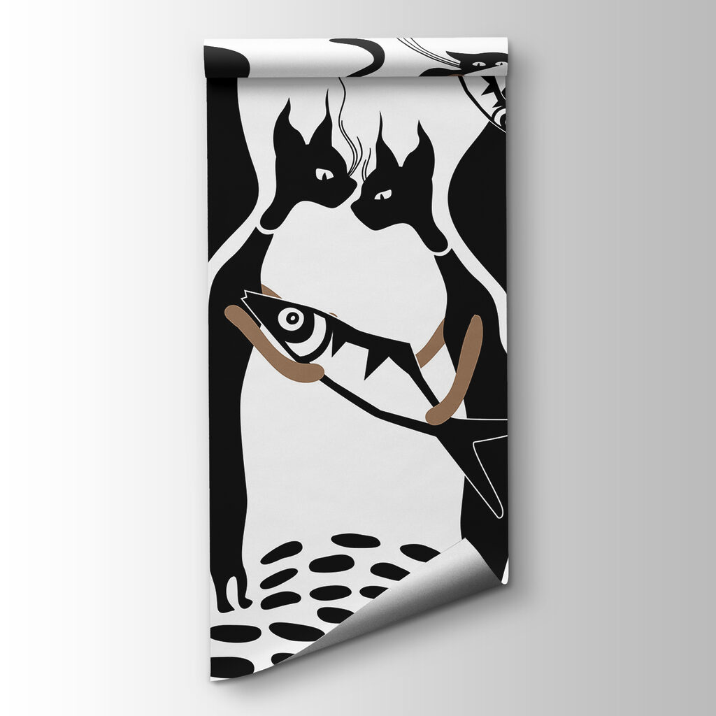 Black and white cat with fish and fish