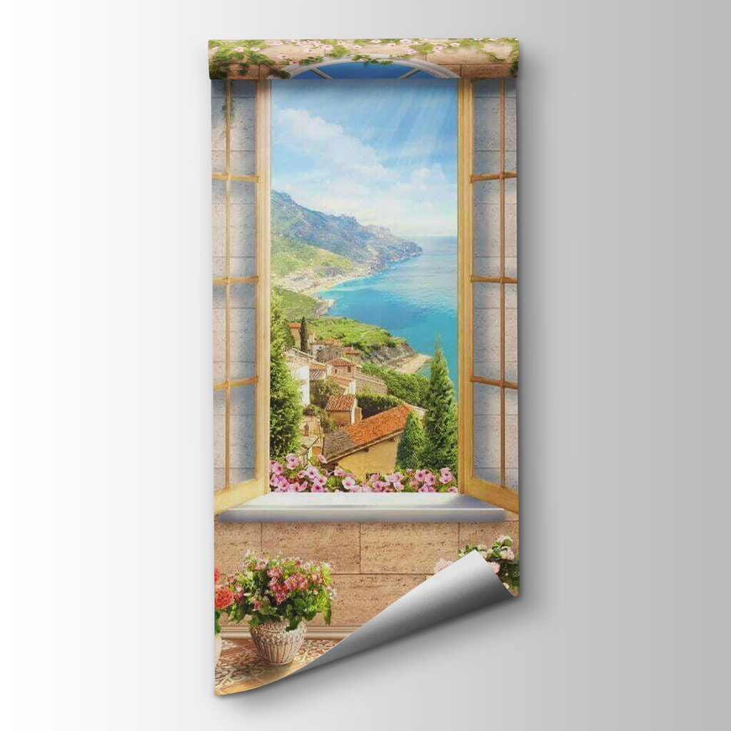 Window with a view of a town and a body of water Window with a view of a town and a body of water