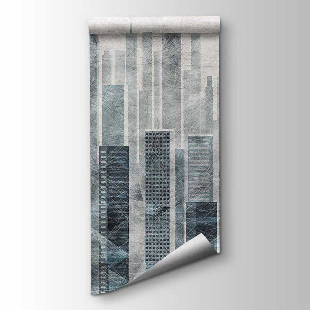 City skyline with many tall buildings