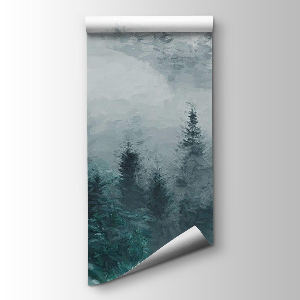 Foggy forest with birds flying