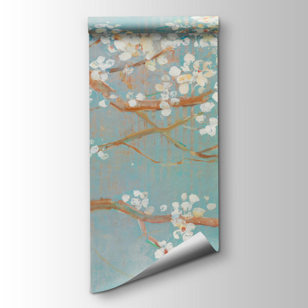 Painting of a tree branch with white flowers
