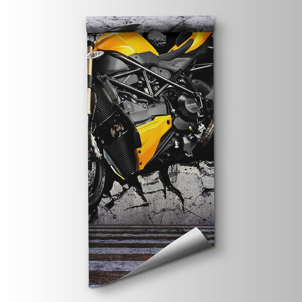 Yellow motorcycle on a wall