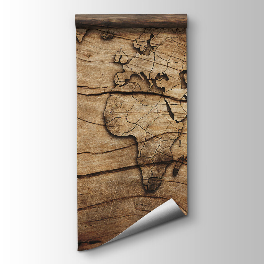 Map of the world on a piece of wood