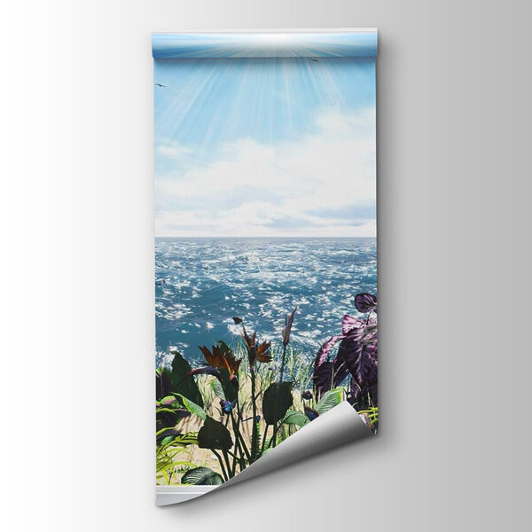 Window with a view of the ocean and a sailboat