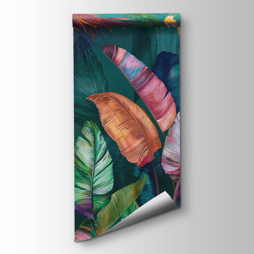 Colorful tropical leaves and birds