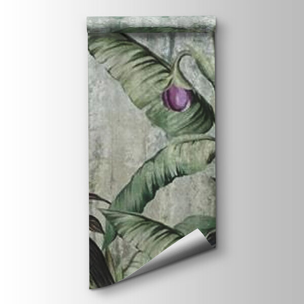 Wallpaper with a banana tree and flowers