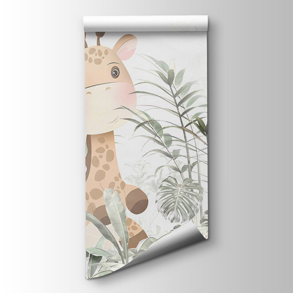 Giraffe and panda in a forest