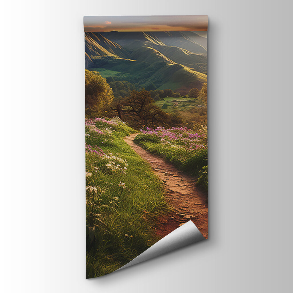 Path through a grassy area with flowers and mountains in the background Path through a grassy area with flowers and mountains in the background
