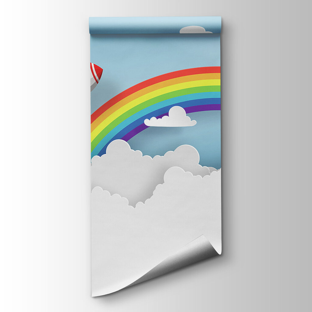 Rocket flying in the sky with clouds and rainbow