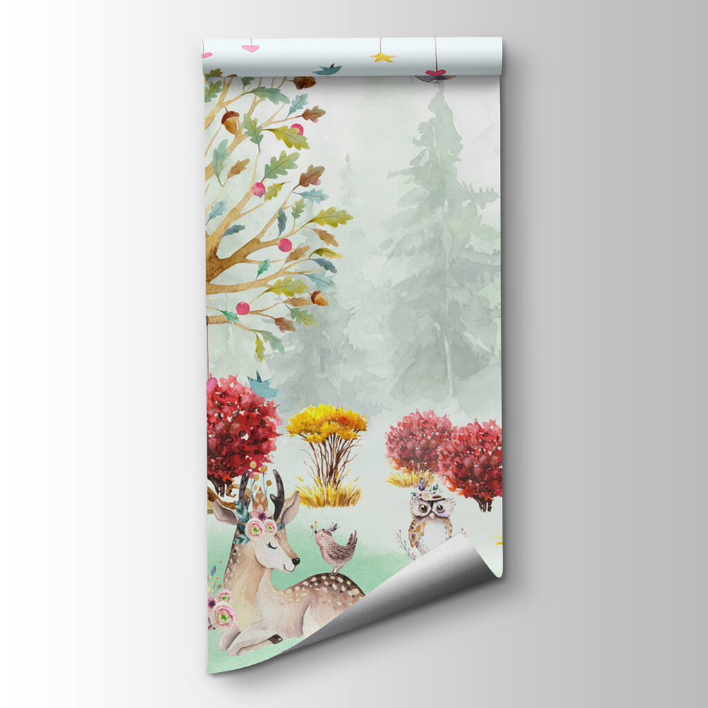 A watercolor painting of animals in a forest