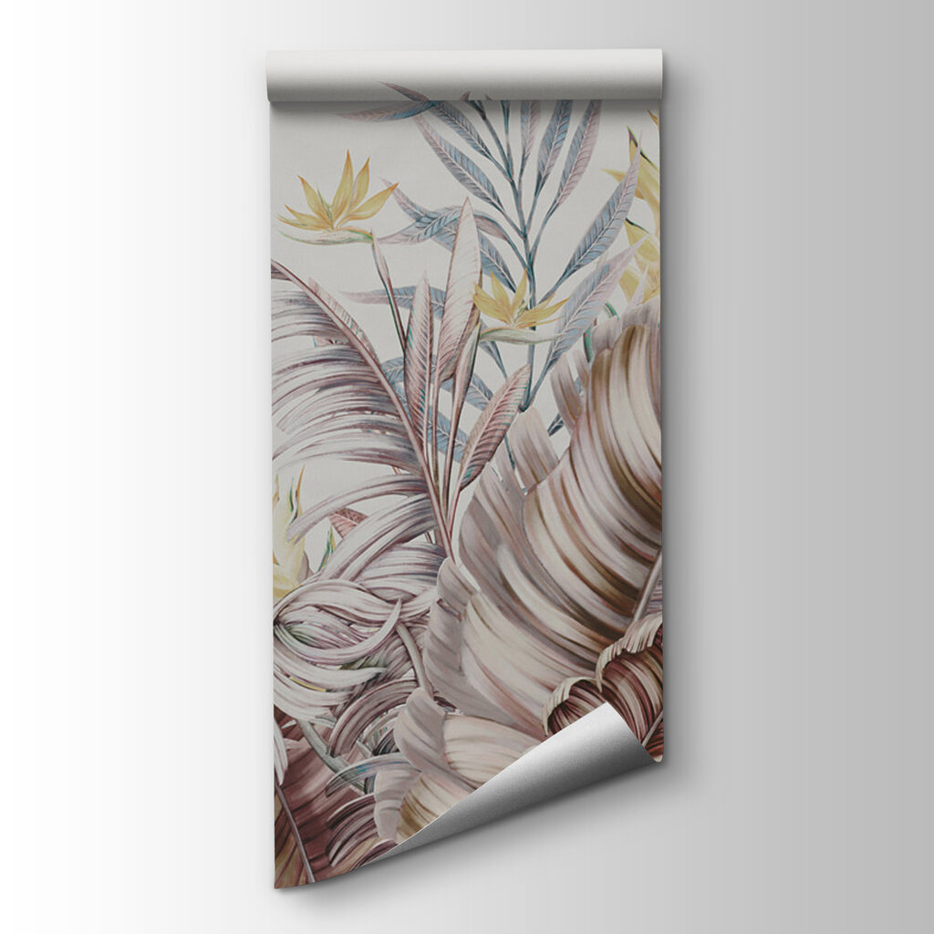 A painting of tropical plants and birds A painting of tropical plants and birds