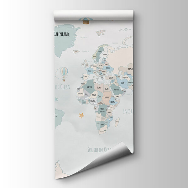 A map of the world with hot air balloons