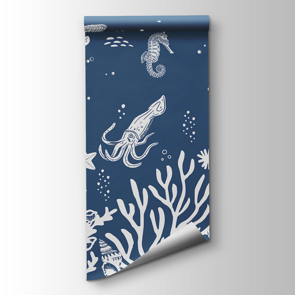 A white outline of sea animals