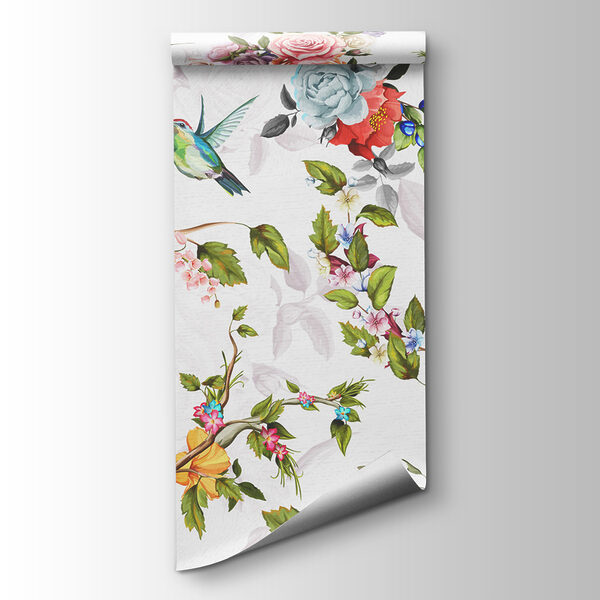 Wallpaper with flowers and birds