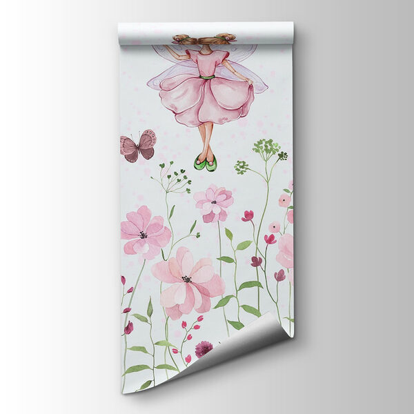 Watercolor of a fairy in a pink dress surrounded by flowers