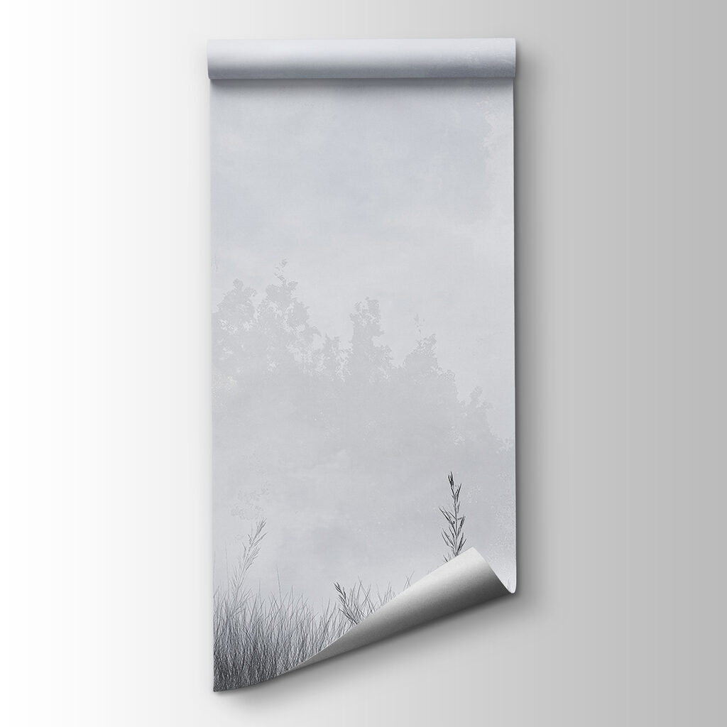 Foggy landscape with trees and grass Foggy landscape with trees and grass