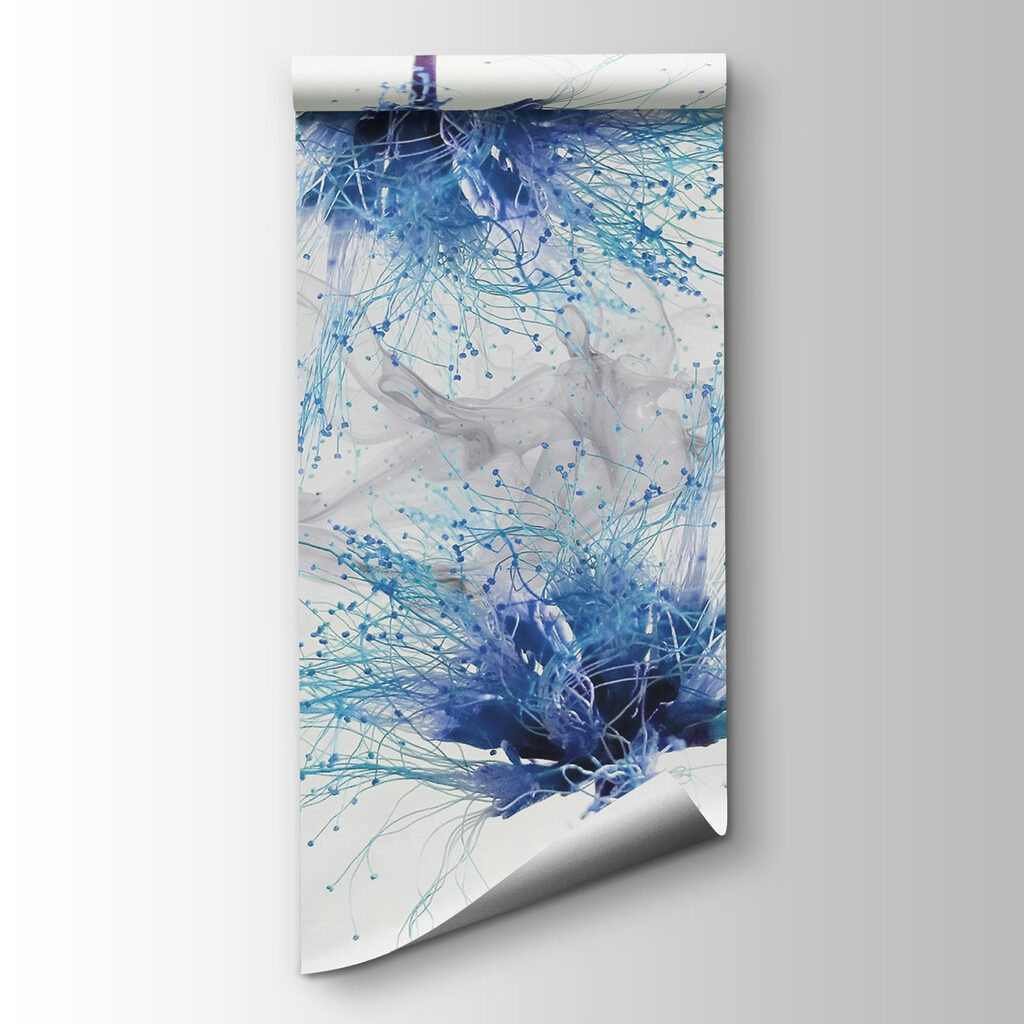 Blue flowers with white ink in the air Blue flowers with white ink in the air