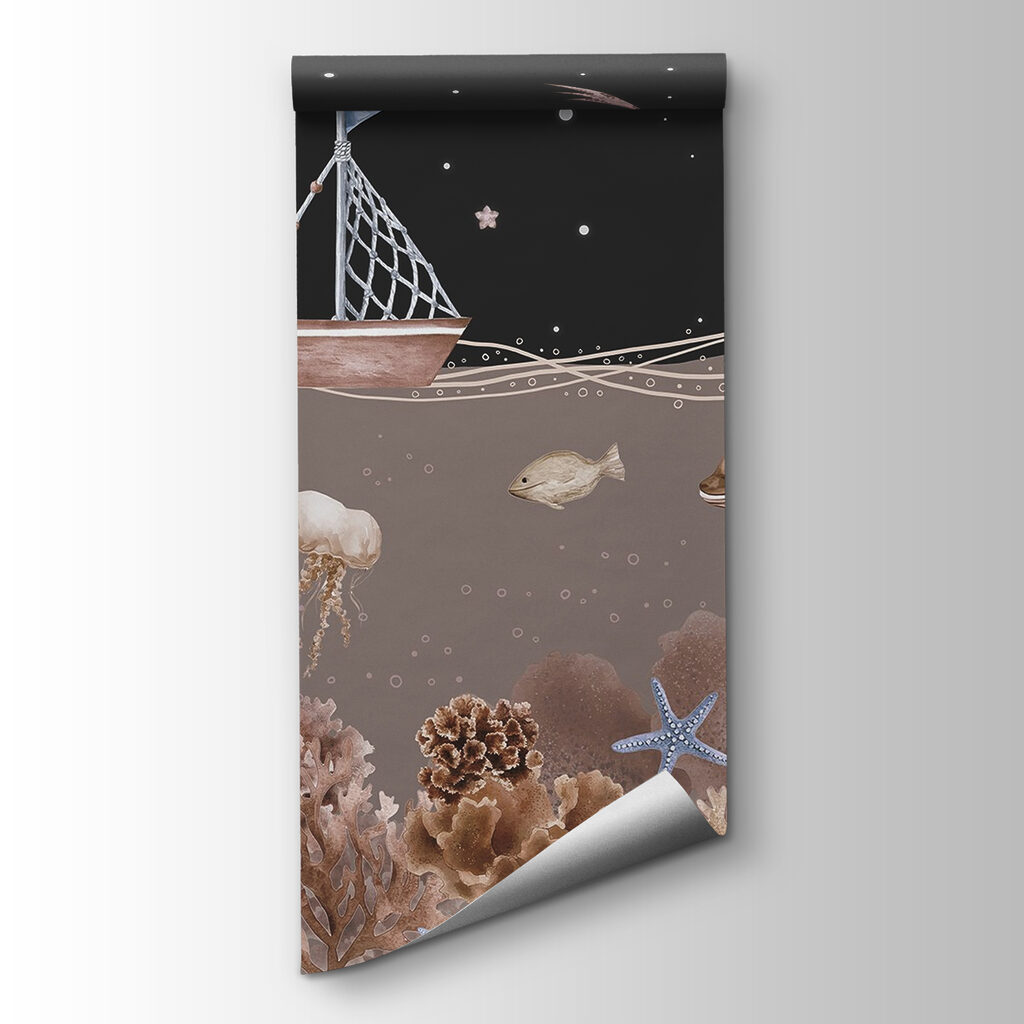 Sea life with a boat and a whale