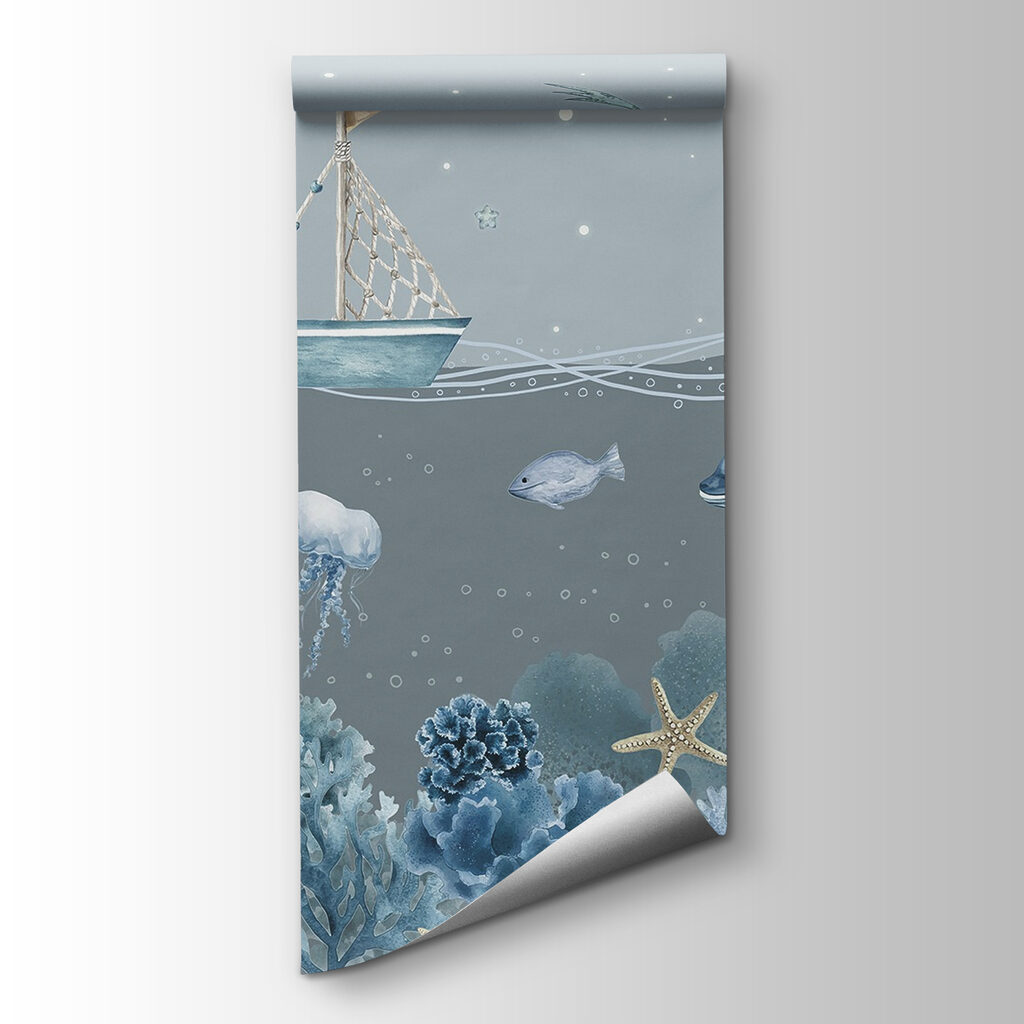 Sea life with a boat and fish