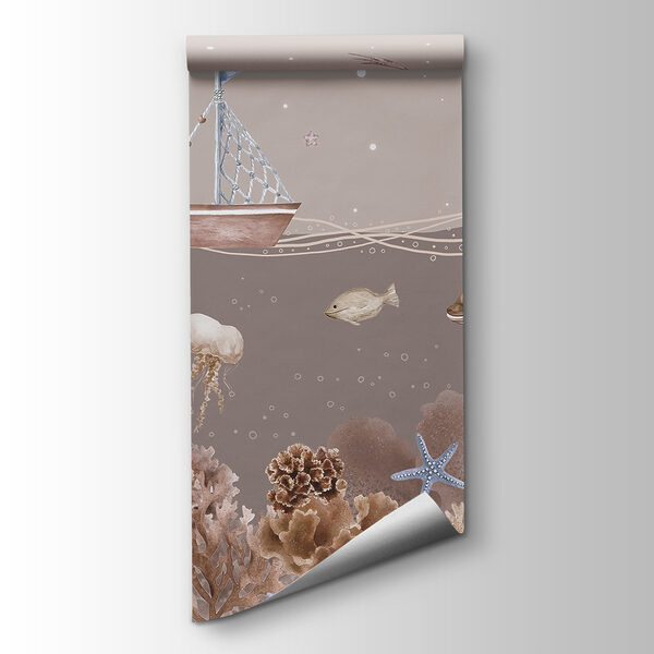 Sea life with a boat and fish