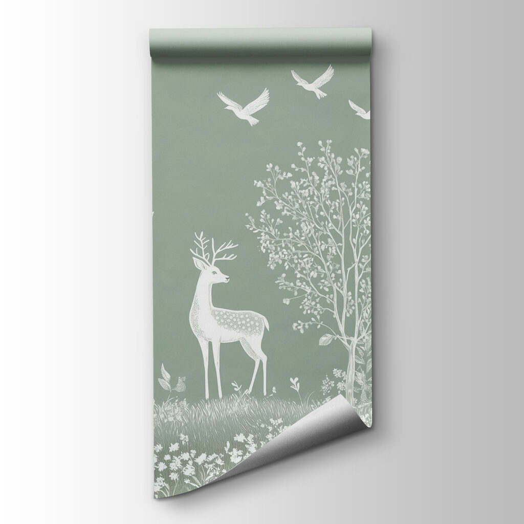 White deer and birds in a field White deer and birds in a field