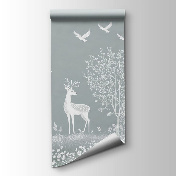 White deer and birds in a forest