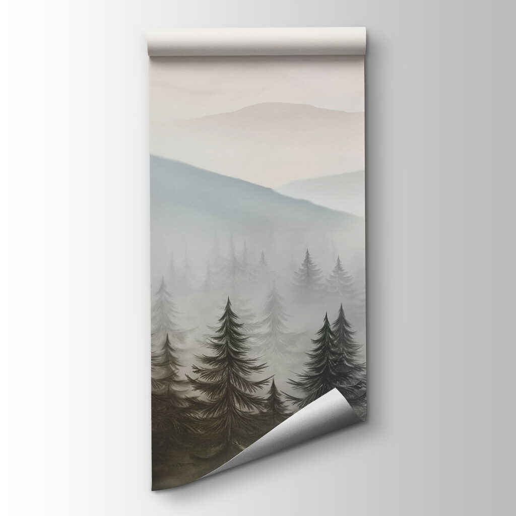 Foggy landscape with trees and mountains