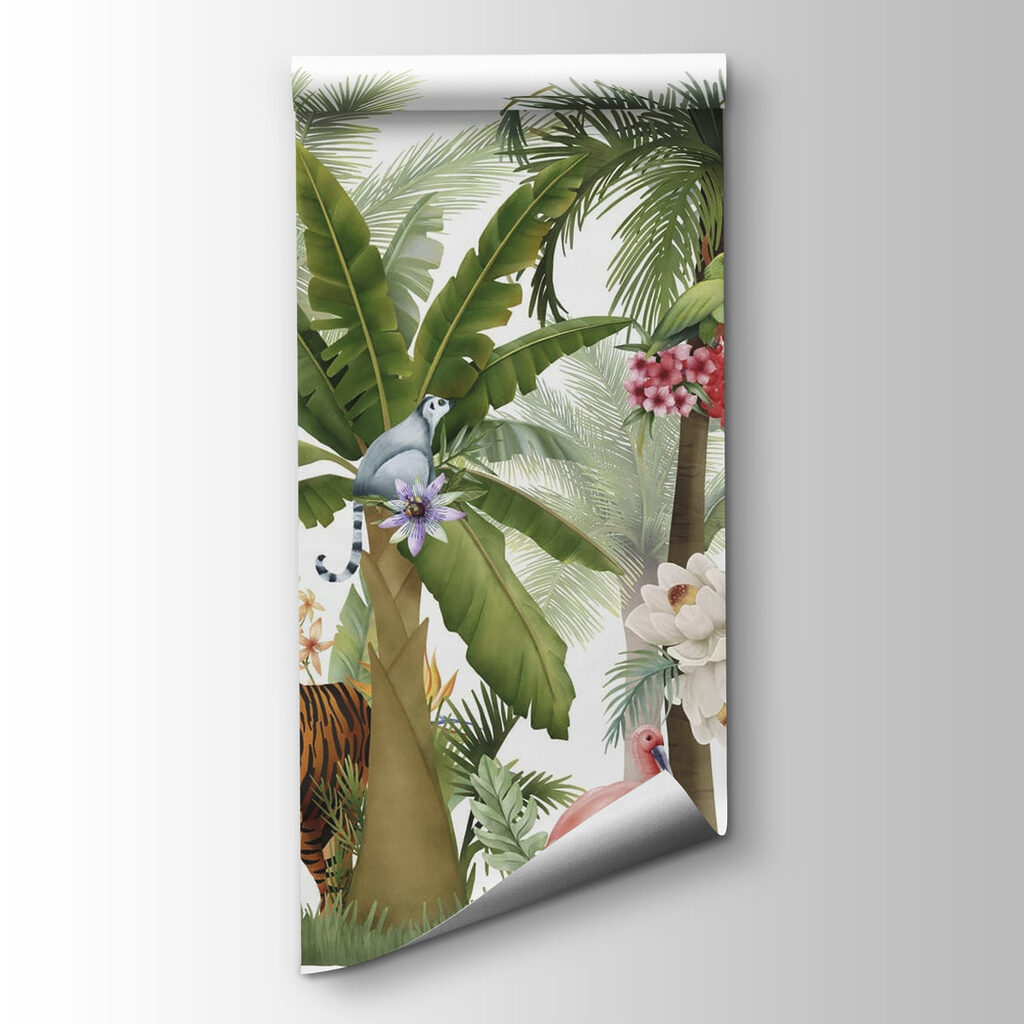 Wallpaper with animals and birds in the jungle