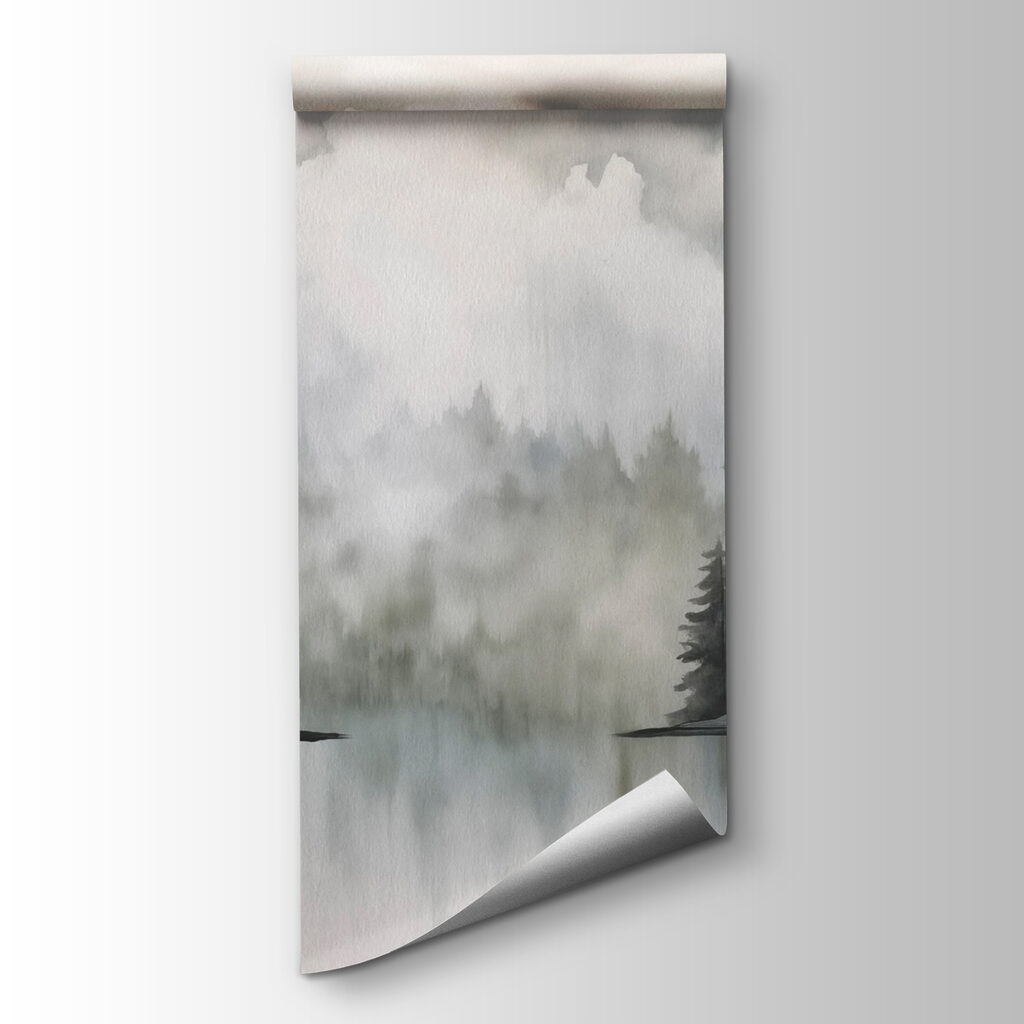 Watercolor painting of a forest and a lake Watercolor painting of a forest and a lake