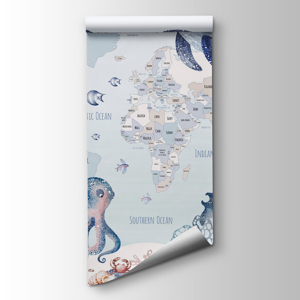 Map of the world with sea animals