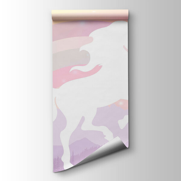 A unicorn with a rainbow and mountains