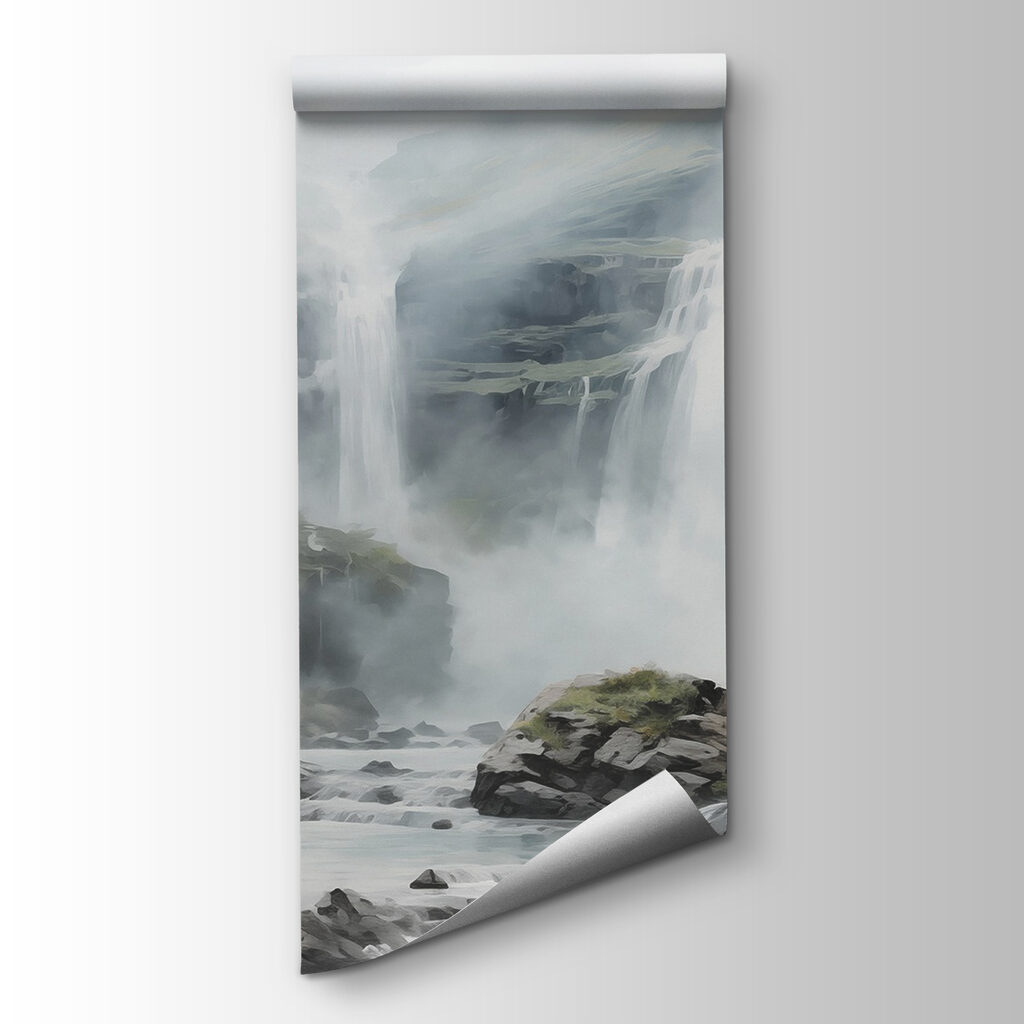 Waterfall in foggy mountains