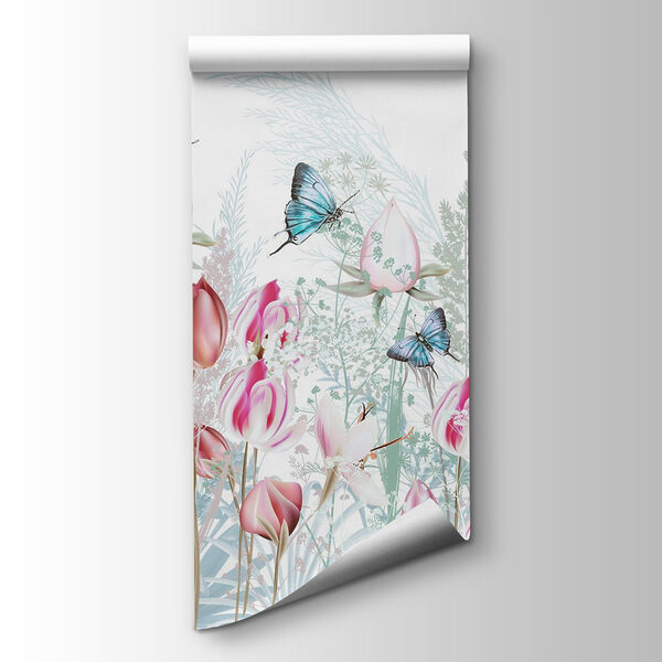 Fluttering butterflies among blooming flowers