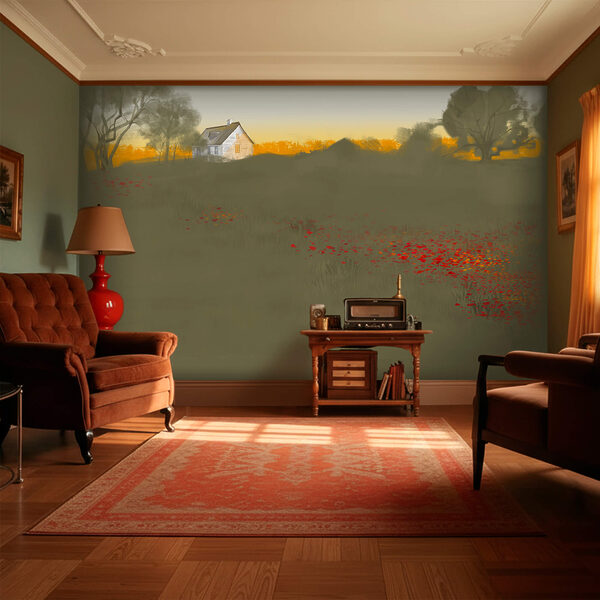 Fototapeten Fototapeten Feld mit roten Blumen und einem Haus im Hintergrund (Artikelnummer: t00525)